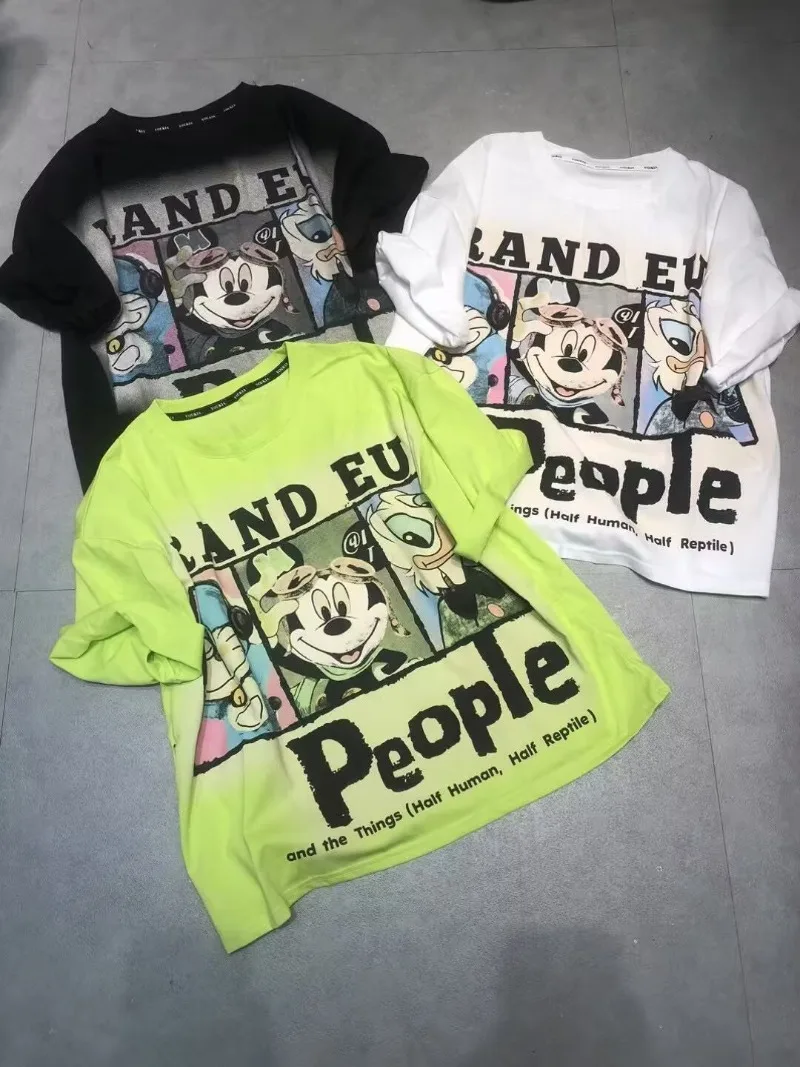 

Oversized T Shirt Summer New Cartoon Mickey Letter Printed Round Neck Short Sleeved Tshirt for Women Loose Harajuku Retro Tops