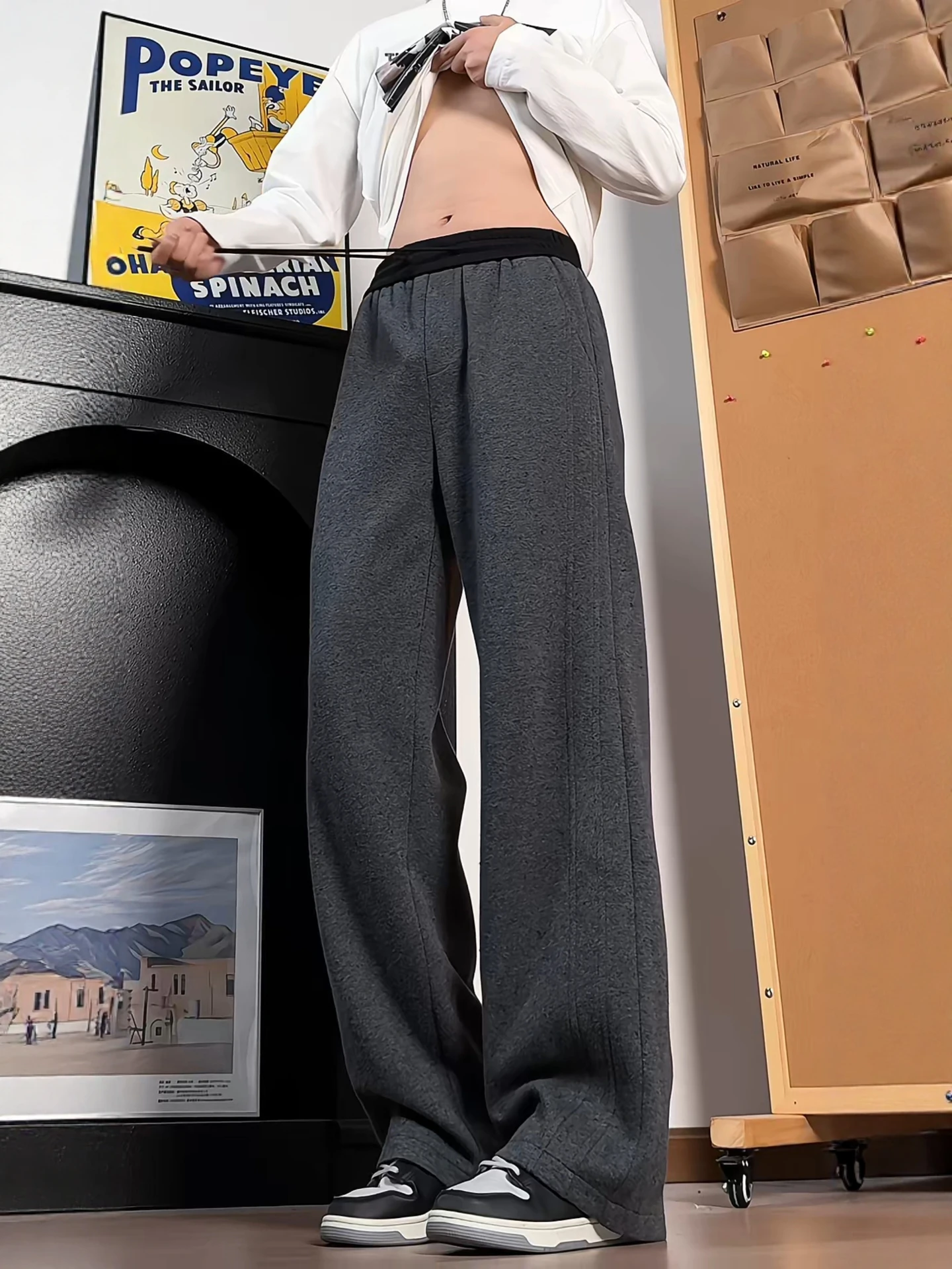 

Мужские спортивные брюки Color Blo с прямыми штанинами, осень-зима, теплые повседневные брюки из хлопка и полиэстера, веревка на талии, дверь