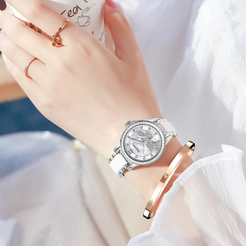 ROMITIME Women Quartz Watch Luxury LOVE-Inspired Pattern Calendar Ceramic-Steel Bracelet 30M Waterproof Luminous Lady Clock