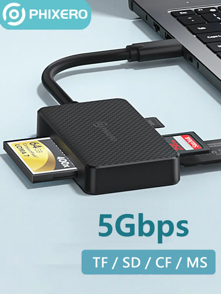 PHIXERO USB 3.0 Type C 4 en 1 lecteur de carte SD 5Gbps adaptateur de carte à puce mémoire Flash compacte TF CF MS câble de 15cm pour ordinateur portable Mac