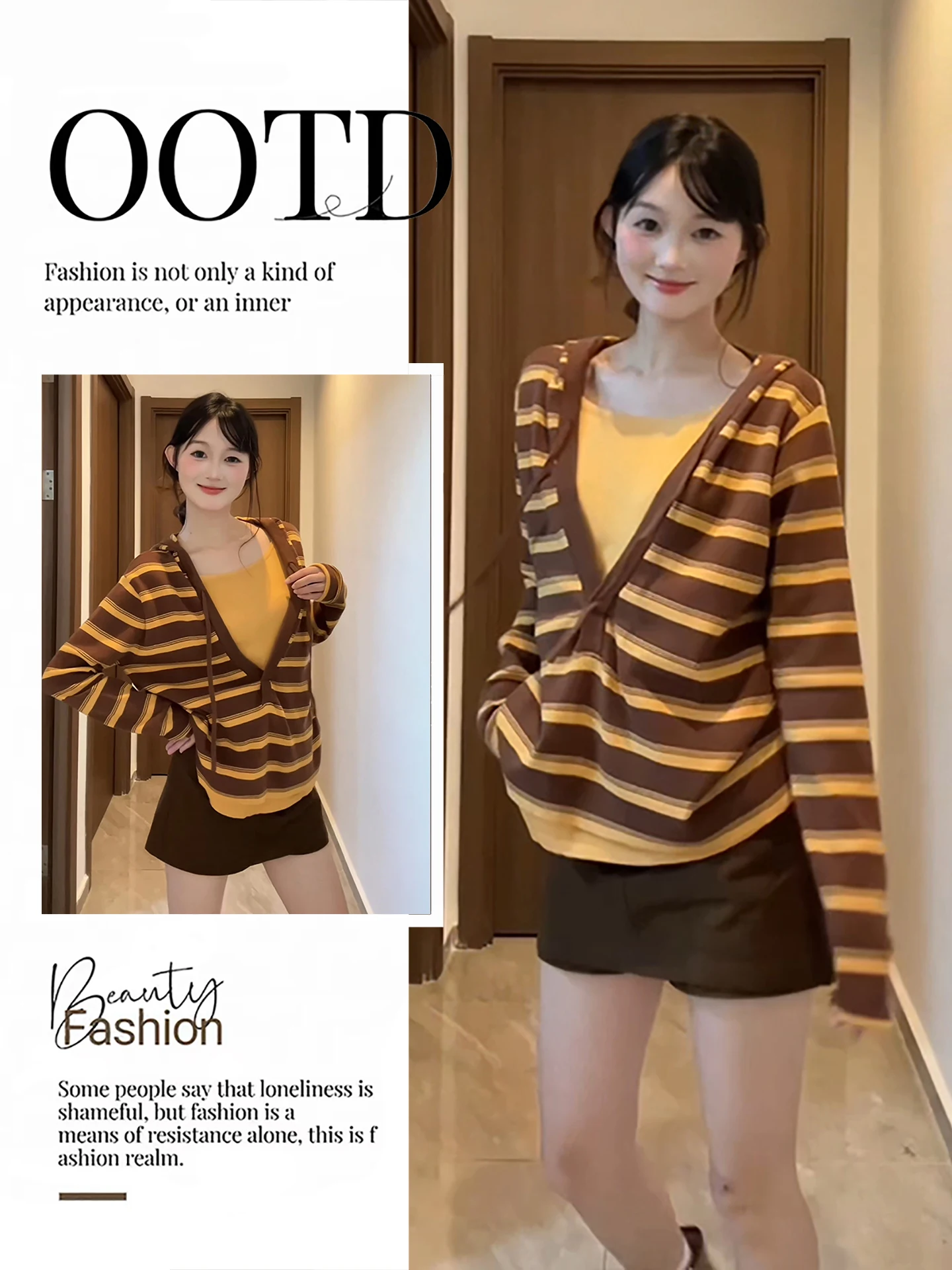 

Unique Early Autumn Two-Piece Set Lazy Sle Fake Two-Piece Striped Hooded Knit High Waist Workwear ort Skirt Ensemble