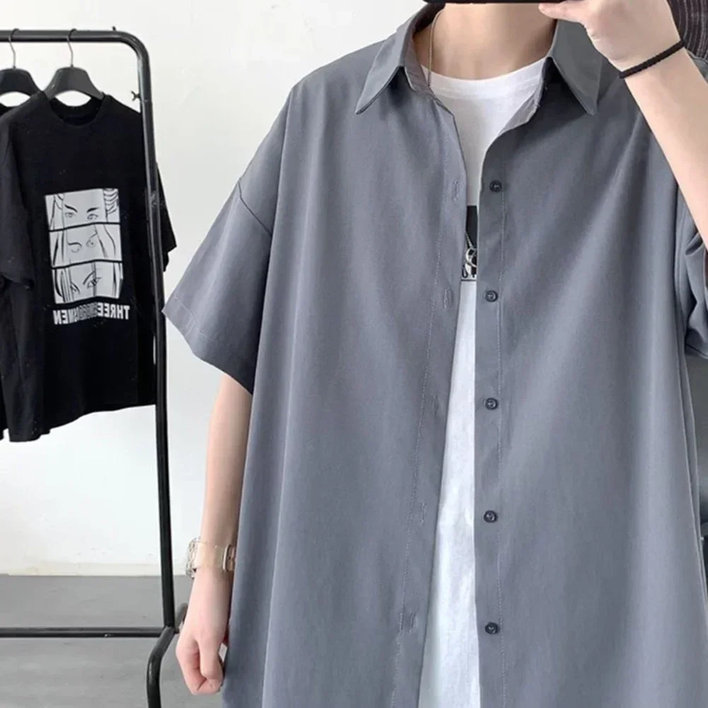 

Casual Mens Shirts Ice Silk Shirts Lapel Neckline Short Sleeve Slight Stretch Solid Color Fashion Korean Style