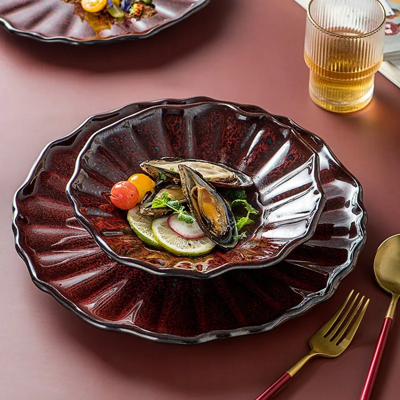 Vintage kiln turned red dinner plate Creative Alien Carnelian Red Ceramic plates Lotus leaf relief plate Cake dessert dishes
