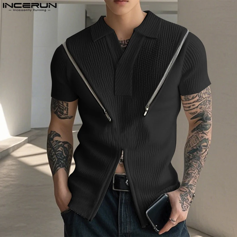 

INCERUN Tops Korean Style Fashion Men's Deconstructing Metal Zipper Texture Shirts Summer Streetwear Lapel Short Sleeved Blouse