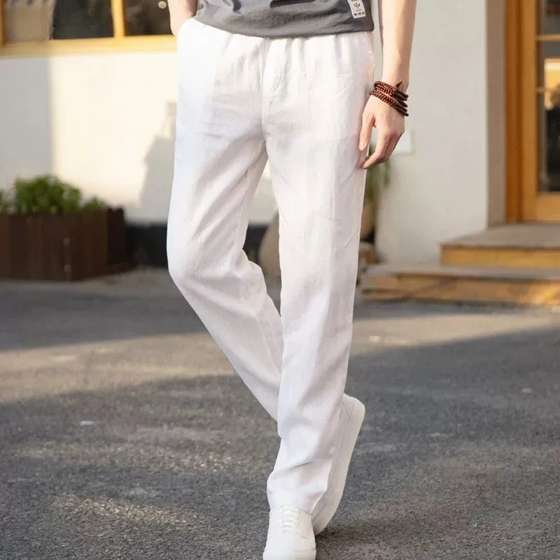 Men's Cotton Linen Pants Straight Leg Elastic Waist Lightweight Breathable Casual Simple Style Male Basic Long Pants