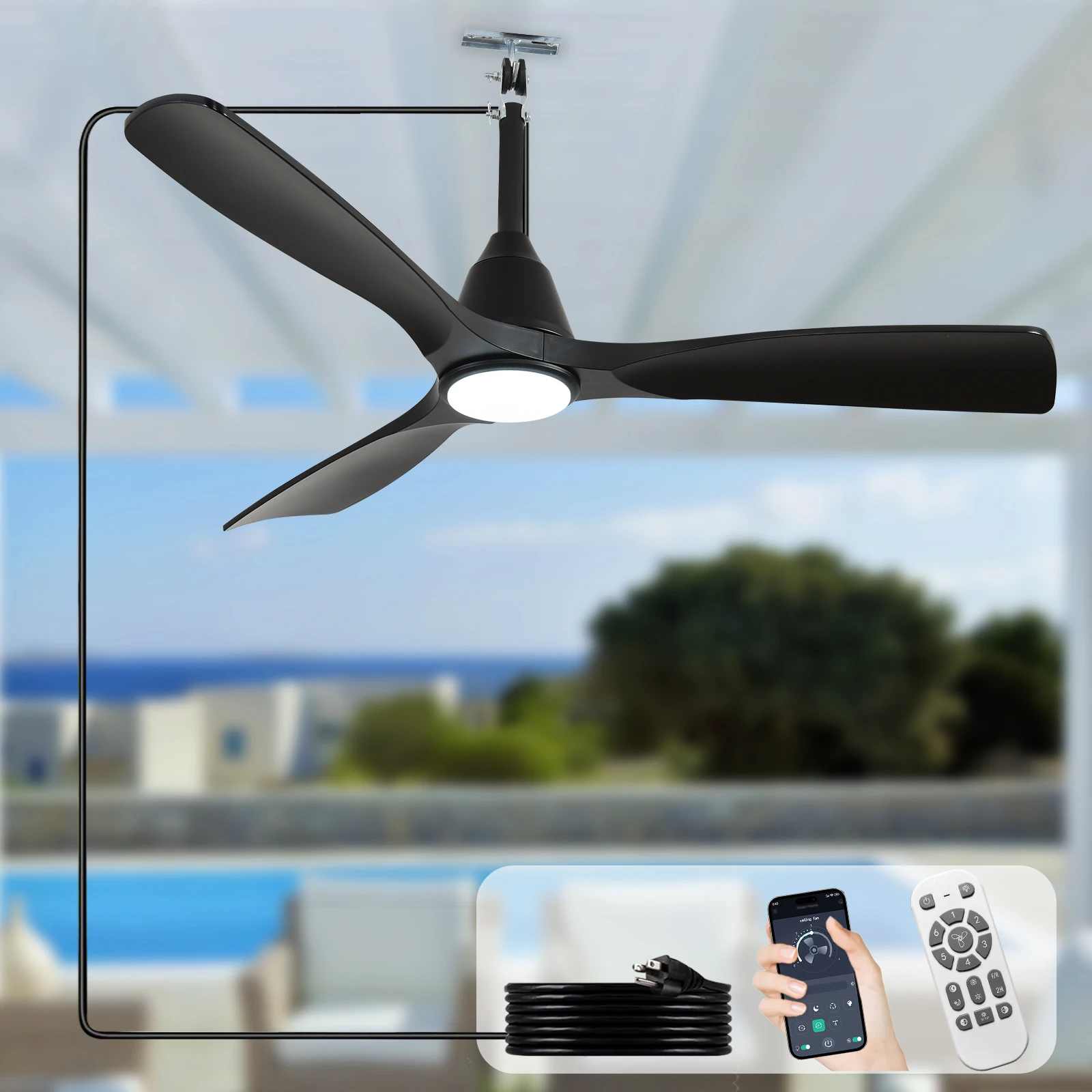 42 52-Inch Outdoor Ceiling Fans Black Plug in Hanging with Remote APP Control Hook Type with Light 3 CCT DC Motor Reversible