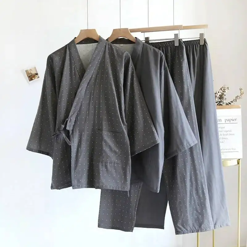 

Kimono Robes Pamas For Spring Autumn And Summer Thin Men's Cotton Loose Fit Large Size Half Sleeve Sleepwear Set