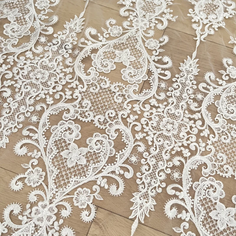 Embroidery Ivory Sequins Lace Fabrics Materials for Clothes Decoration Mariages French Lace Fabric Tulle 130CM Wide