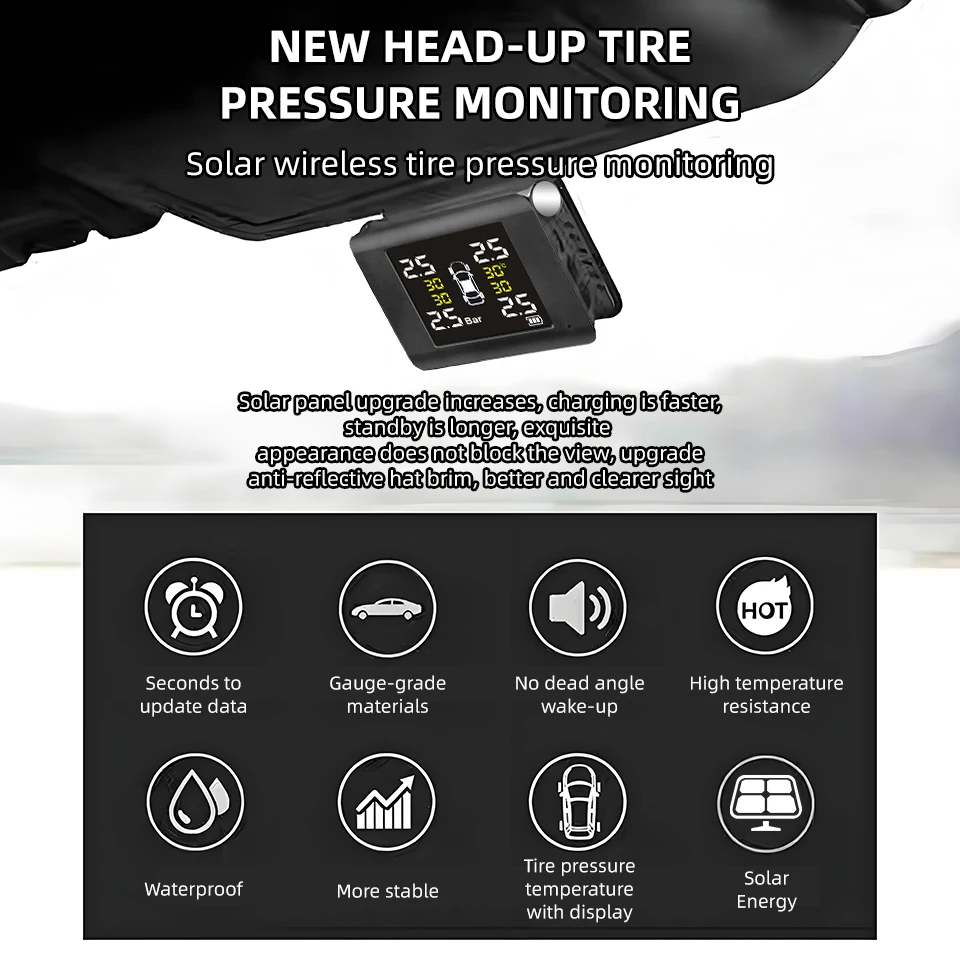 E-ACE K46 العالمي TPMS سيارة لاسلكية ضغط الإطارات 4 أجهزة استشعار عرض الشمسية الذكية ضغط الإطارات نظام مراقبة إنذار السيارات