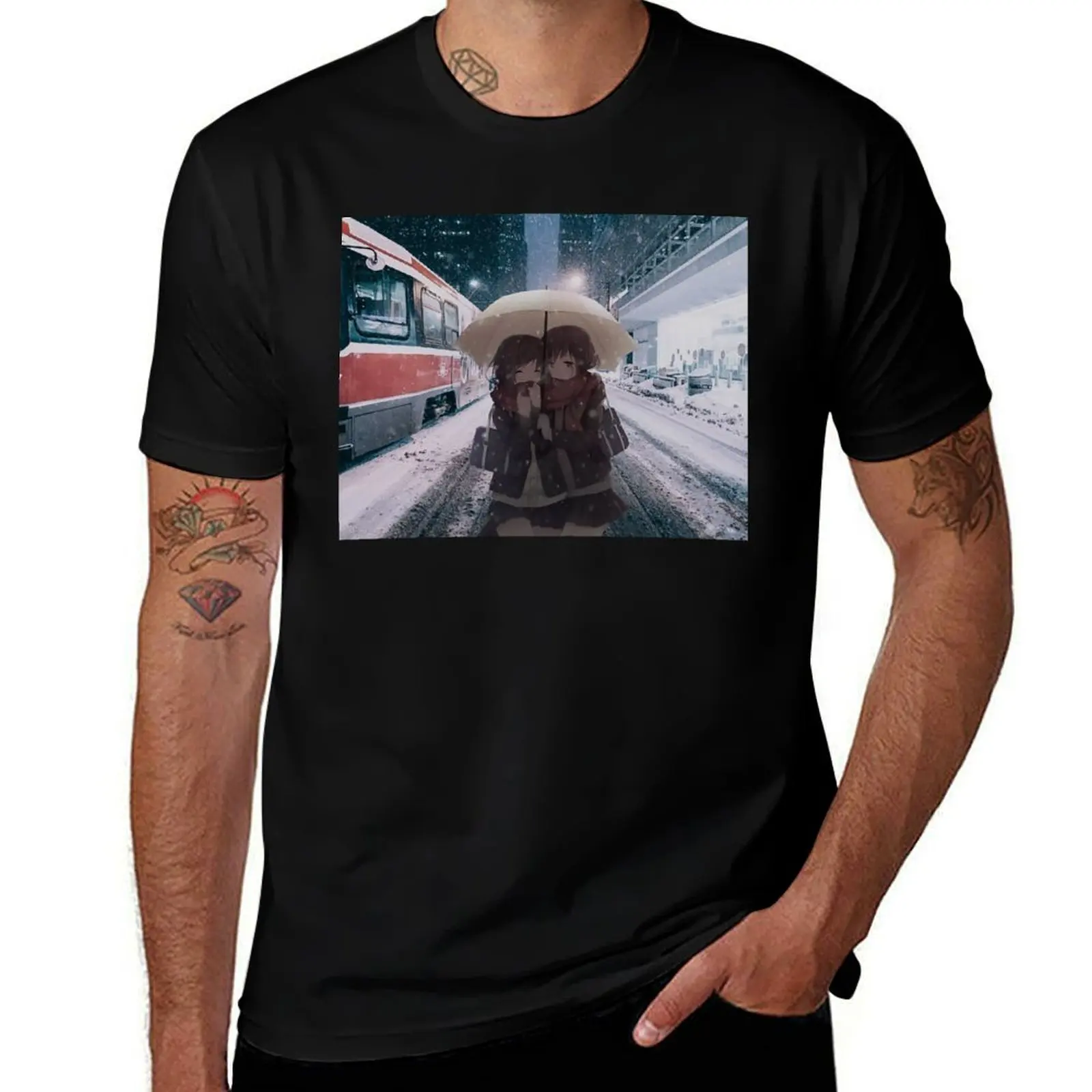 

Anime inserted into snowy train station T-Shirt fashion shirts man clothes sweat t shirts for men pack