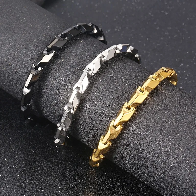 7MM Stainless Steel Rectangular Splicing Charm Necklace Thick Bracelet for Men Polished Simple Dragons Bone Chain Jewelry Set