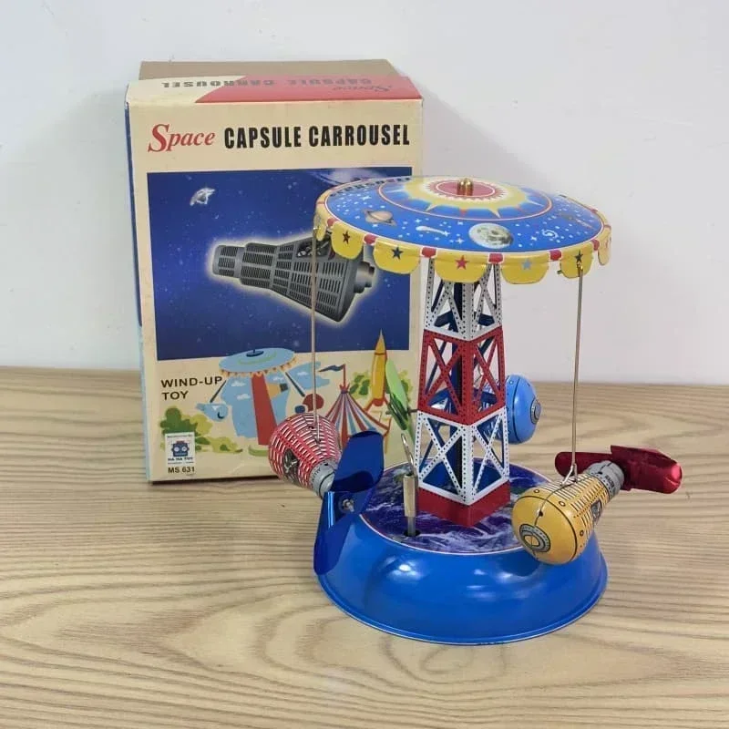 Wind Up Toy Collection Retro Metal Tin Amusement Park Space Capsule Carrousel Gift Clockwork Toy Model Vintage Toy