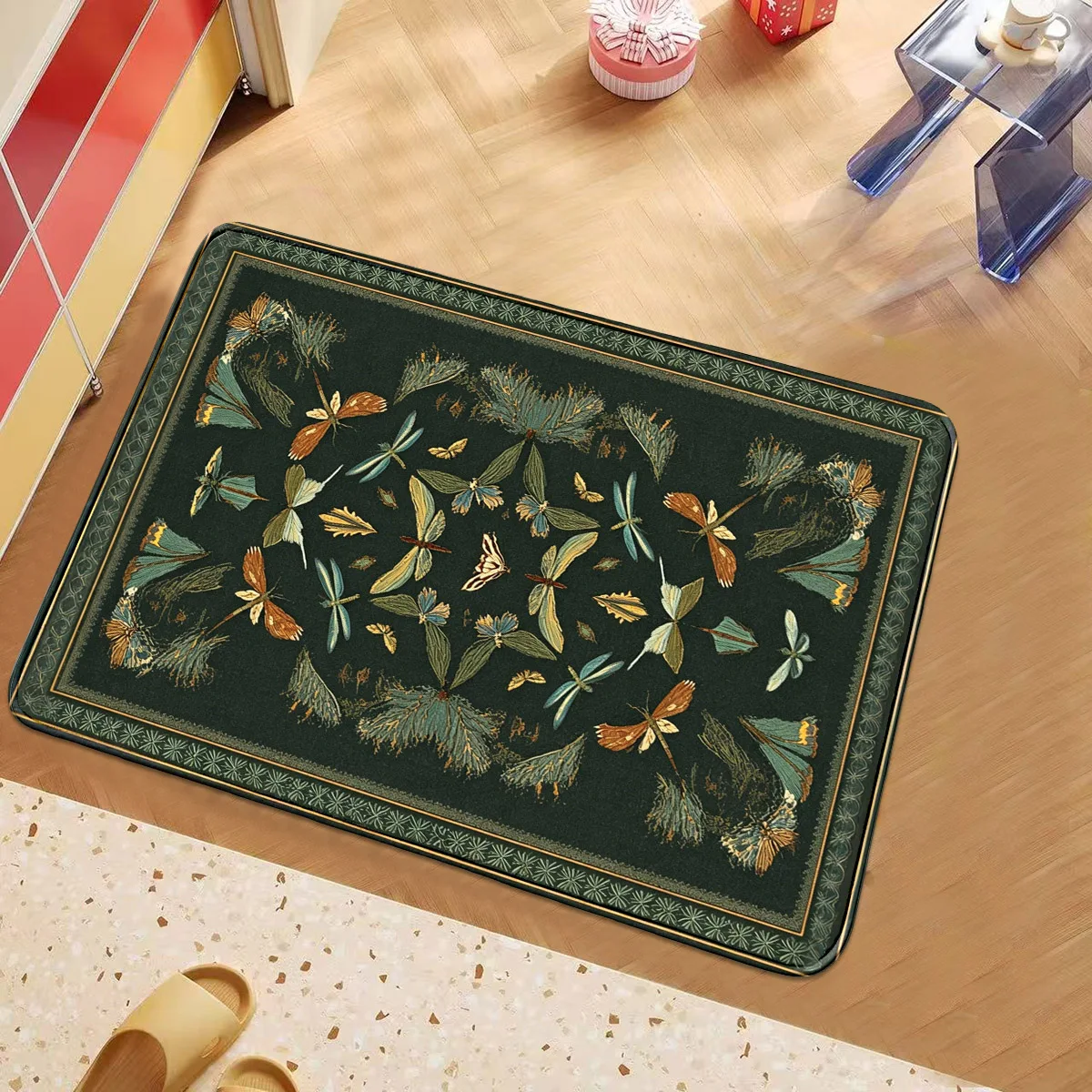 A Vintage Dark Green Embroidered Moth and Butterfly Print Entrance Mat, Mid-Century Style Non-Slip Water-Absorbent Comfortable and Durable Foyer Rug