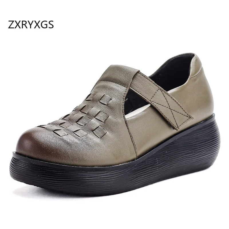 ZXRYXGS Promotion Cow Leather Single Shoes Wedges Mid Heels 2026 New Autumn Breathable Hollow Comfortable Women Fashion Shoes