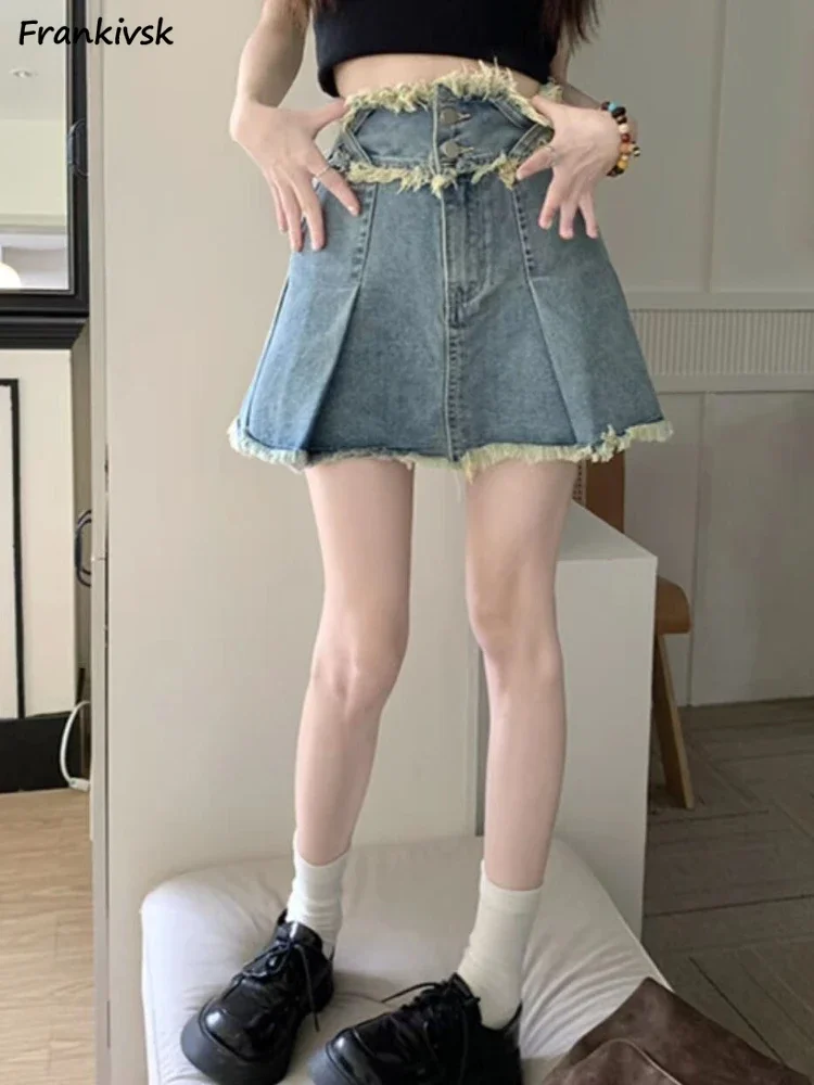 

Denim Skirts Women Fashion Y2k Hotsweet Deckle-edged Niche Design Streetwear Holiday Teenagers Folds Ins Summer Chic Faldas Mini