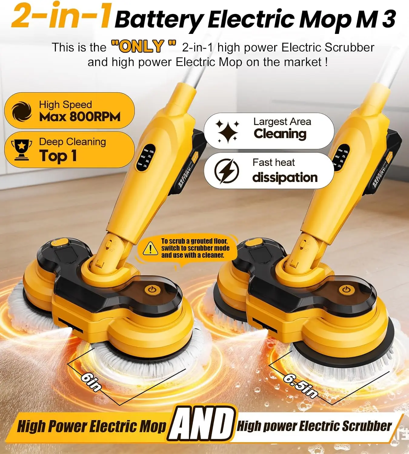 6000mAh Battery Cordless Electric Mop M3, 800RPM Electric Power Scrubber & Mops for Floor Cleaning, Automatic Spin Mops with Sma