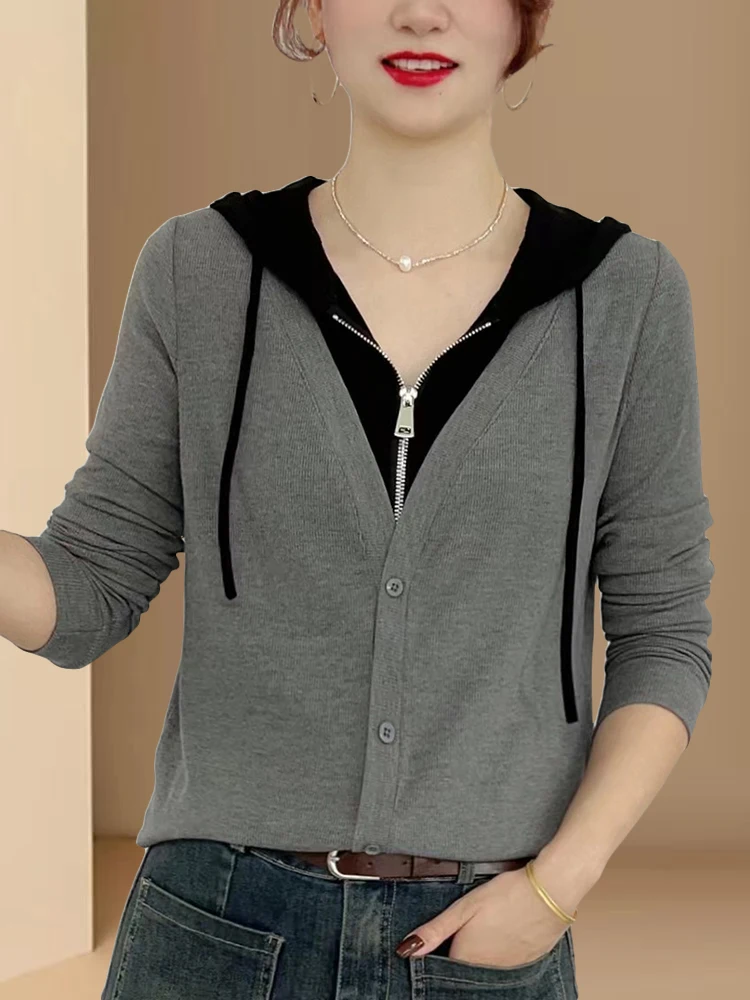 Faionable Sudadera con capucha de algodón ajustada para mujer, capa Base con cremallera, sudadera informal Sle Long Sve V-Ne, Top de longitud Regular