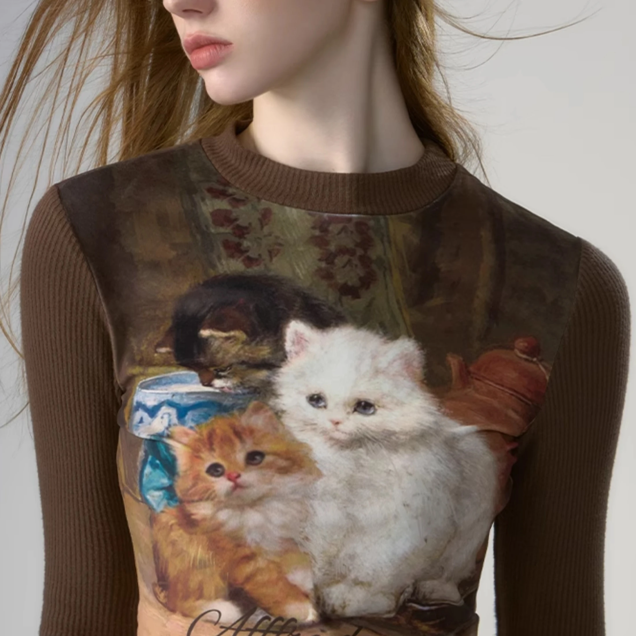 T-shirt Manches sulfCol Rond pour Femme, Coupe Cintrée, Style Européen, Rétro, Vintage, Décontracté, Mode Chic et Doux