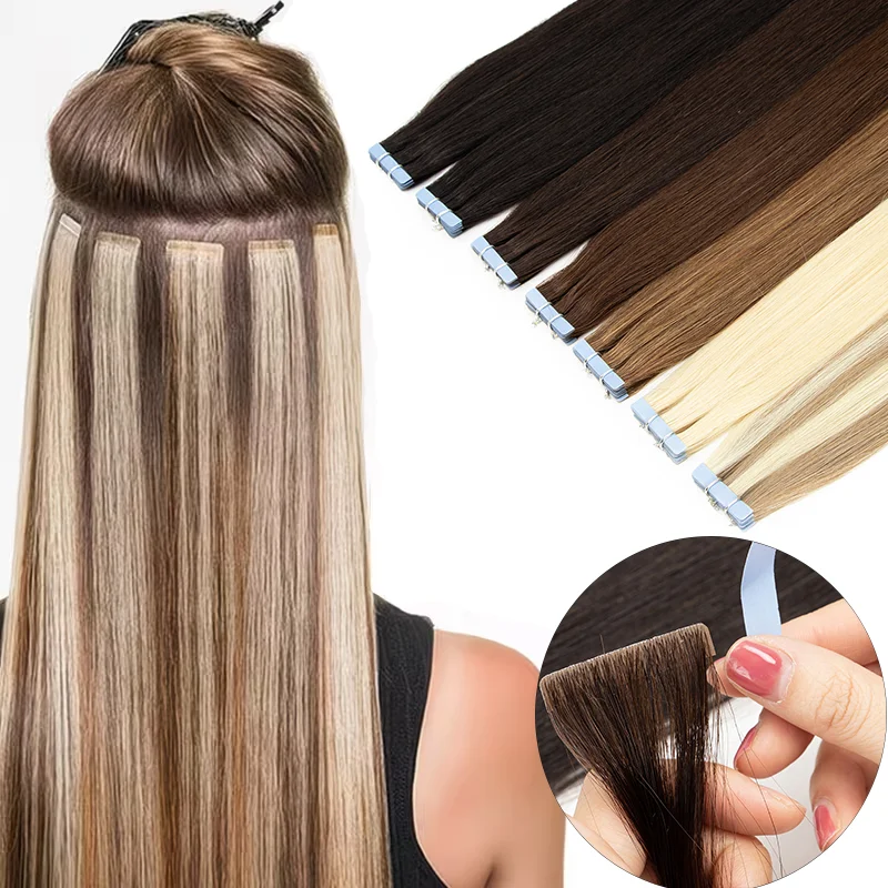 Extensions de cheveux humains invisibles avec bandes adhésives, blond platine, extensions sans couture en cheveux humains véritables, 10 pièces/paquet, 16 pouces