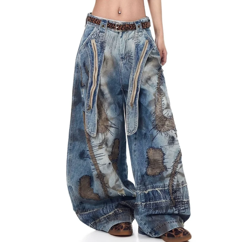 MWJLPWQ American Embroidery Dirty Retro Distressed Jeans Men's Irregular Heavy-Duty Floor-Length Wide-Leg Pants Autumn New 14860