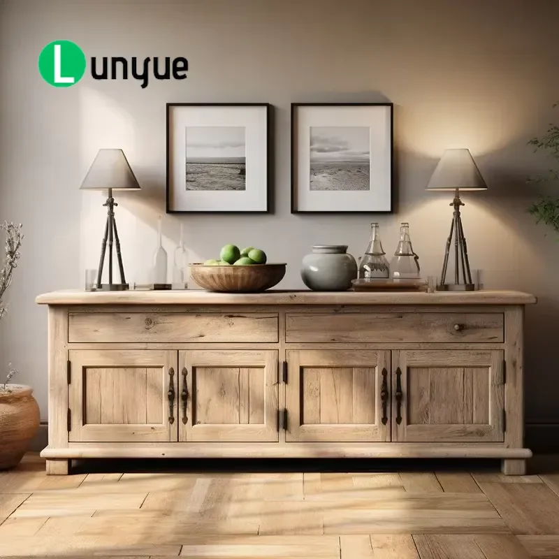European Antique Style Natural Oak Sideboard with Drawers and Lockers Vintage Storage Cabinet for Living Room Bedroom