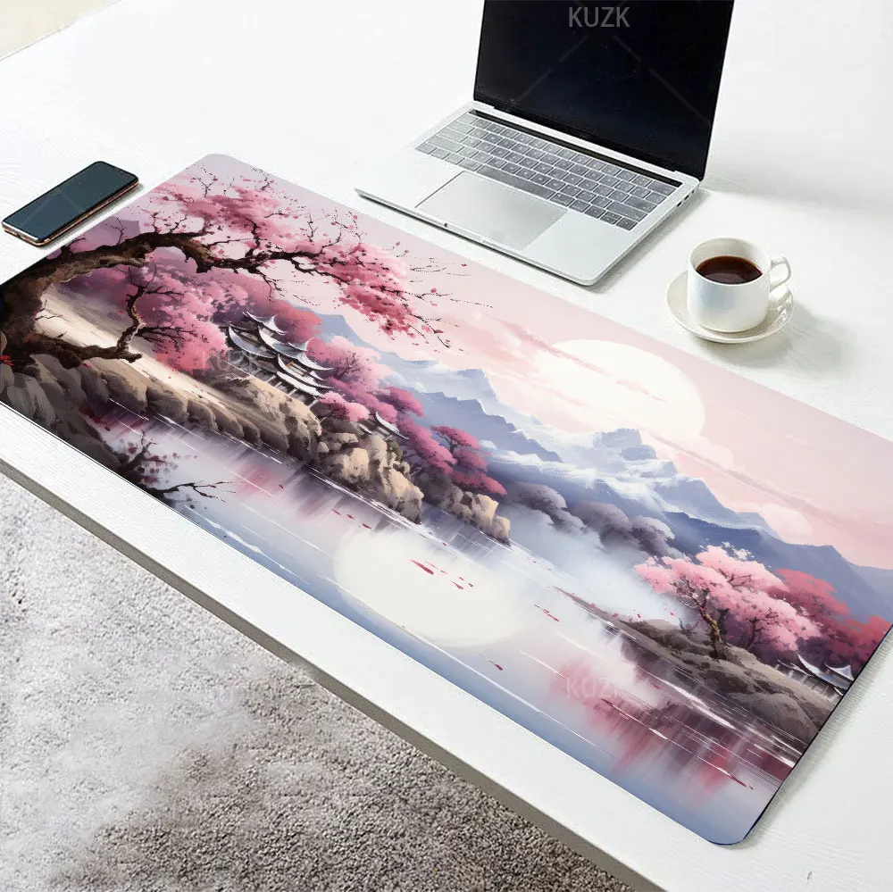 Cherry Blossom Gaming Mouse Pad,  Sakura Watercolor Painting Extended Mouse Pad,Non-Slip Rubber Base Mousepad Keyboard Mouse Mat