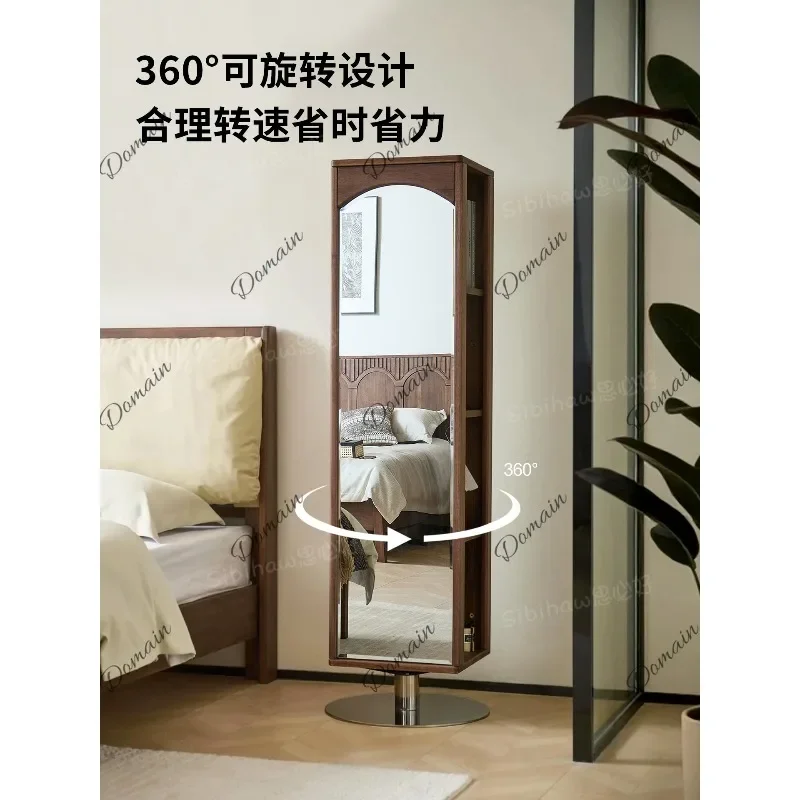sBc North American Black Walnut Full Length Mirror 360 Degree Rotating Bookshelf Storage Cabinet Solid Wood Wardrobe