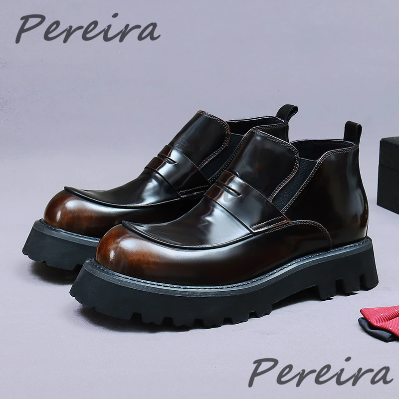 

Retro Thick Soled Men's Boots Autumn Winter Warm Plush Round Toe High Top Shoes British Handmade Genuine Leather Ankle Boots