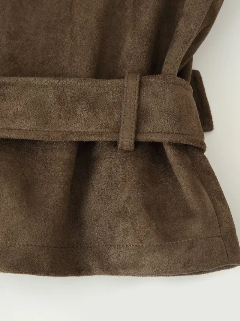Damen-Weste aus Wildlederimitat, ärmellos, doppelreihig, mit selbstbindendem Gürtel, hohem Kragen, Taschen, Schulterklappen, Oberbekleidung, Top 2026 – Detail 8