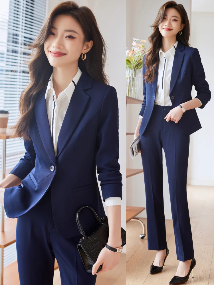 

Синий женский пиджак для весны, новинка, маленький размер, роскошный, профессиональный, стильный комплект, униформа для менеджера отеля, полиэстер, длинный рукав