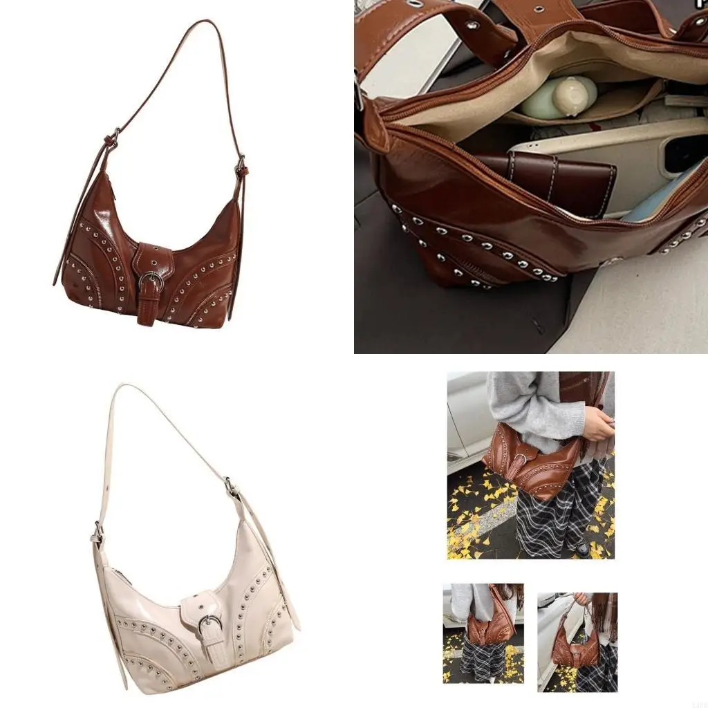 

Women Bag Studded Shoulder Bag Korean Styles Dumplings Bag PU Leather Crossbody Bag Armpit Bag Commuting Bag for Daily