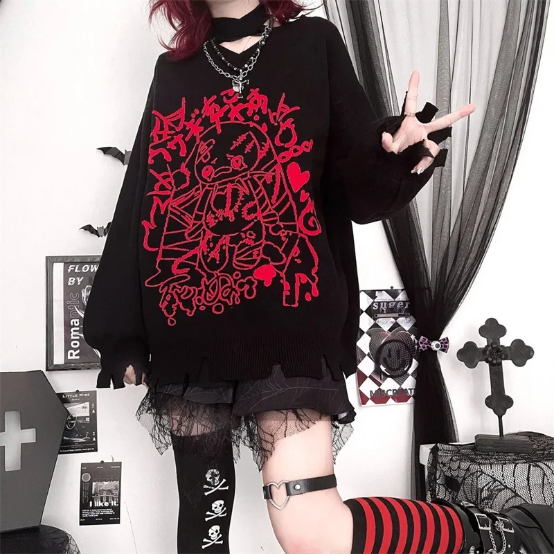 Ruibbit Harajuku Gothic Black Embroidery Women Punk Style V-Neck Loose Vintage Knitted Pullovers Y2k Clothes Pullover Sweaters