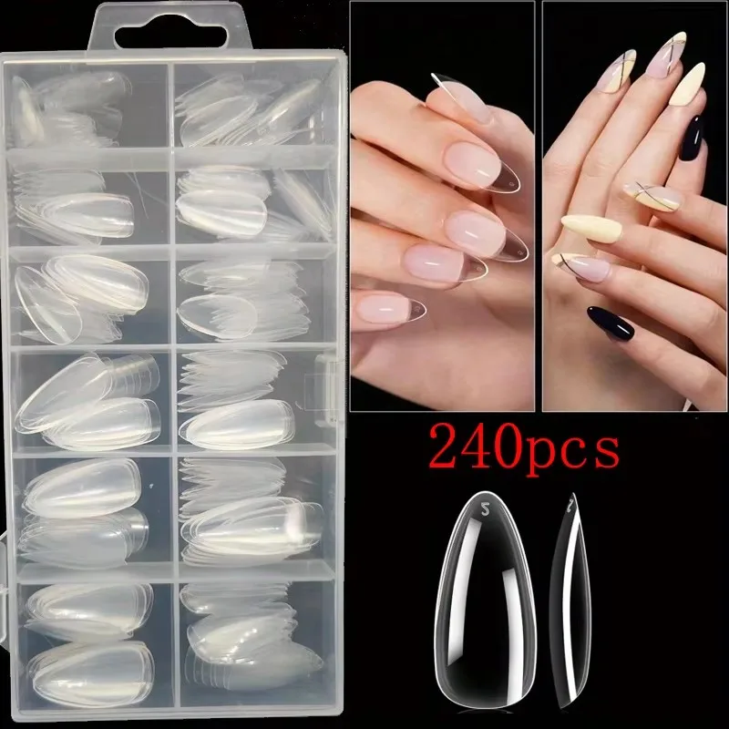 240 Transparent Nail Stickers, Including Coffin-Shaped, Almond-Shaped, Pointed, Oval, Square and Other Shapes, 12 Sizes of Full-Cover Acrylic Press-On Nails, Suitable for Home DIY Manicure and Nail Salon Use