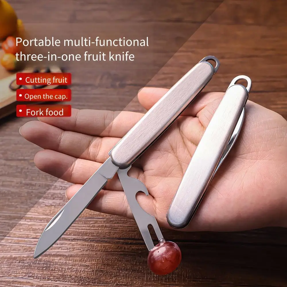 Pelador de frutas plegable multifuncional de acero inoxidable, cuchillo de bolsillo afilado portátil, cuchillo de cocina para el hogar con cuchillo y tenedor