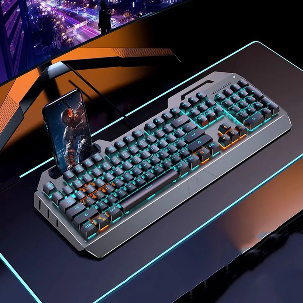 

Комплект игровой клавиатуры и мыши RGB, полноразмерная механическая клавиатура с 104 клавишами, проводная с мультимедийными клавишами, радужная светодиодная подсветка для ПК