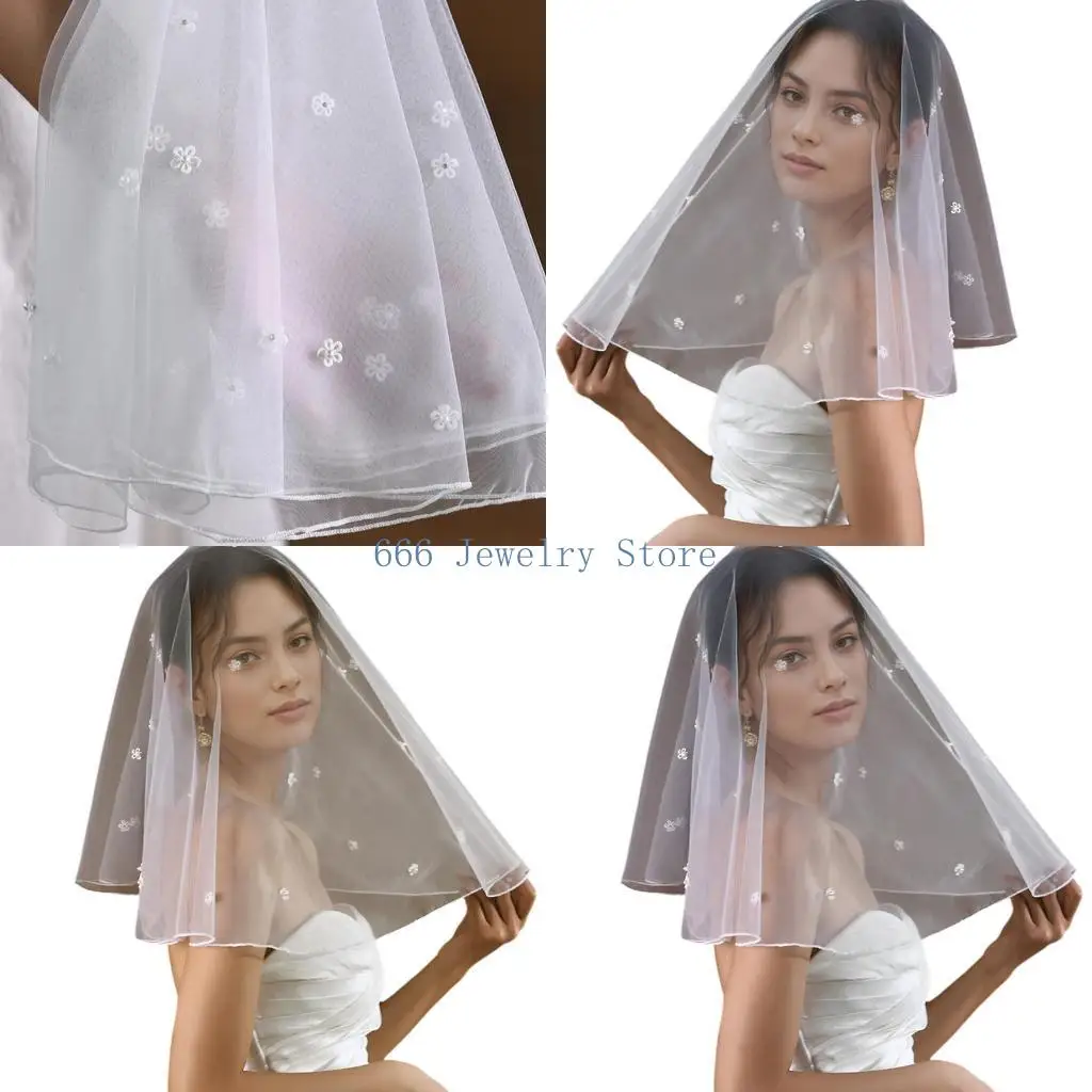 F2TD Classical White Wedding Veil with Beading Flower Designs Short Bridal Veil for Bride Wedding Ceremony Photo Accessories