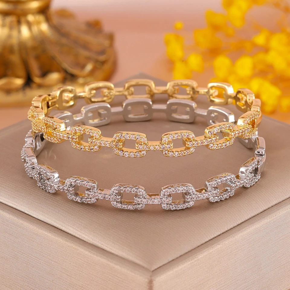 Yupsk Shining Micro Pave Zirconia Hollow Rectangular Chain Bracelet for Women Copper Exquisite Wedding Party Jewelry