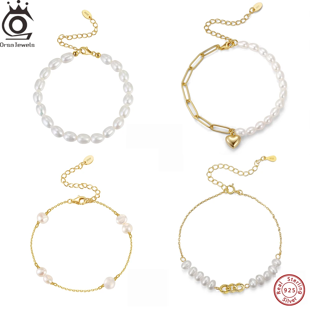 

ORSA JEWELS 14K Gold Plated Cultured Freshwater Pearls Chain Bracelet 925 Sterling Silver Baroque Pearls Beads Bracelet Women