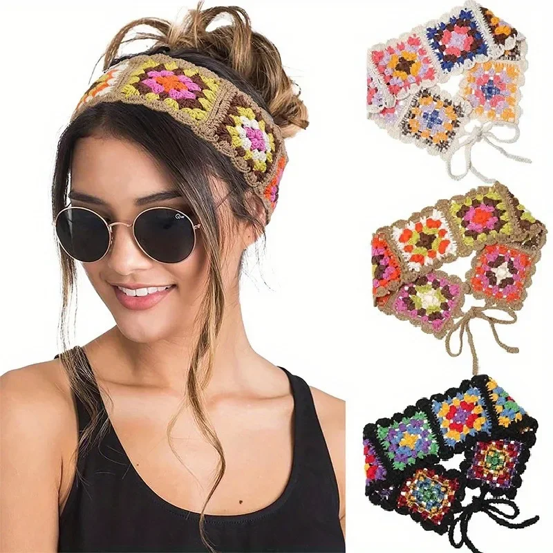 

Three-piece crochet headscarf headband, vintage fashion women's hair accessories, floral holiday headband, bohemian hair accessories