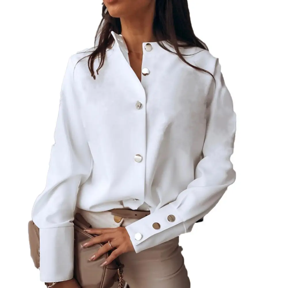 

Button Up Women Blouse White Long Sleeve Casual Woman Shirt Fashion 2024 Stand Collar Lady Tops Black Loose Shirts Blusas