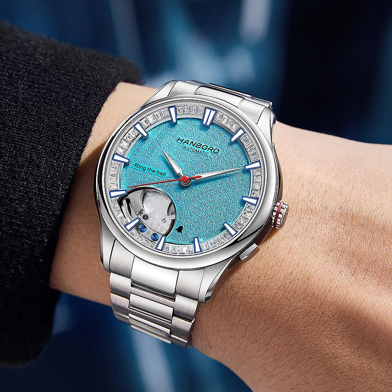 HANBORO Men Automatic Watch Luxury 41.5MM Alarm Mechanical Wristwatch 5ATM Waterproof Sapphire Luminous Ring The Bell