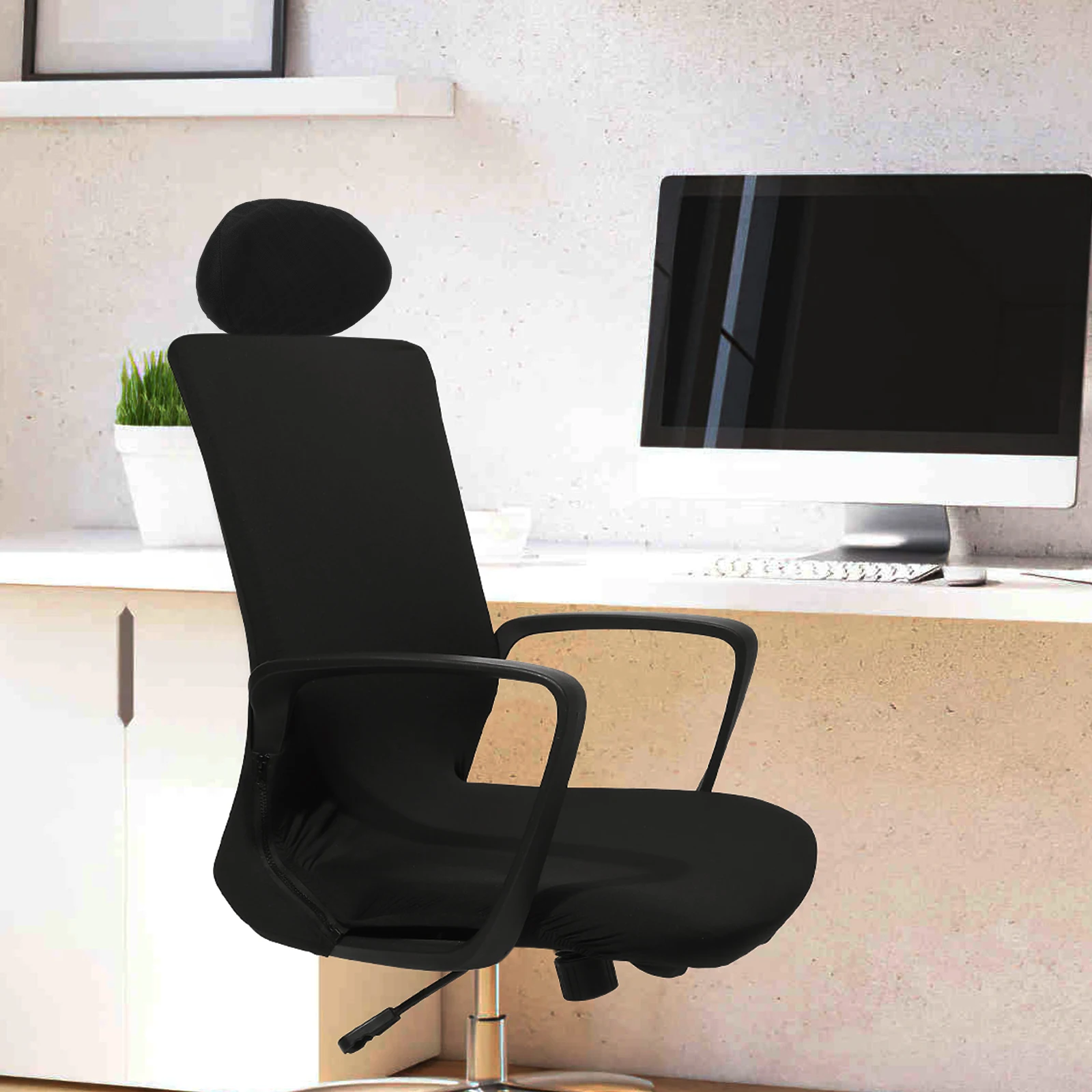 

Headrest Cover Office Chair Computer Pillow Black Thick Fabric Elastic Band Design Removable Washable Home Office Use