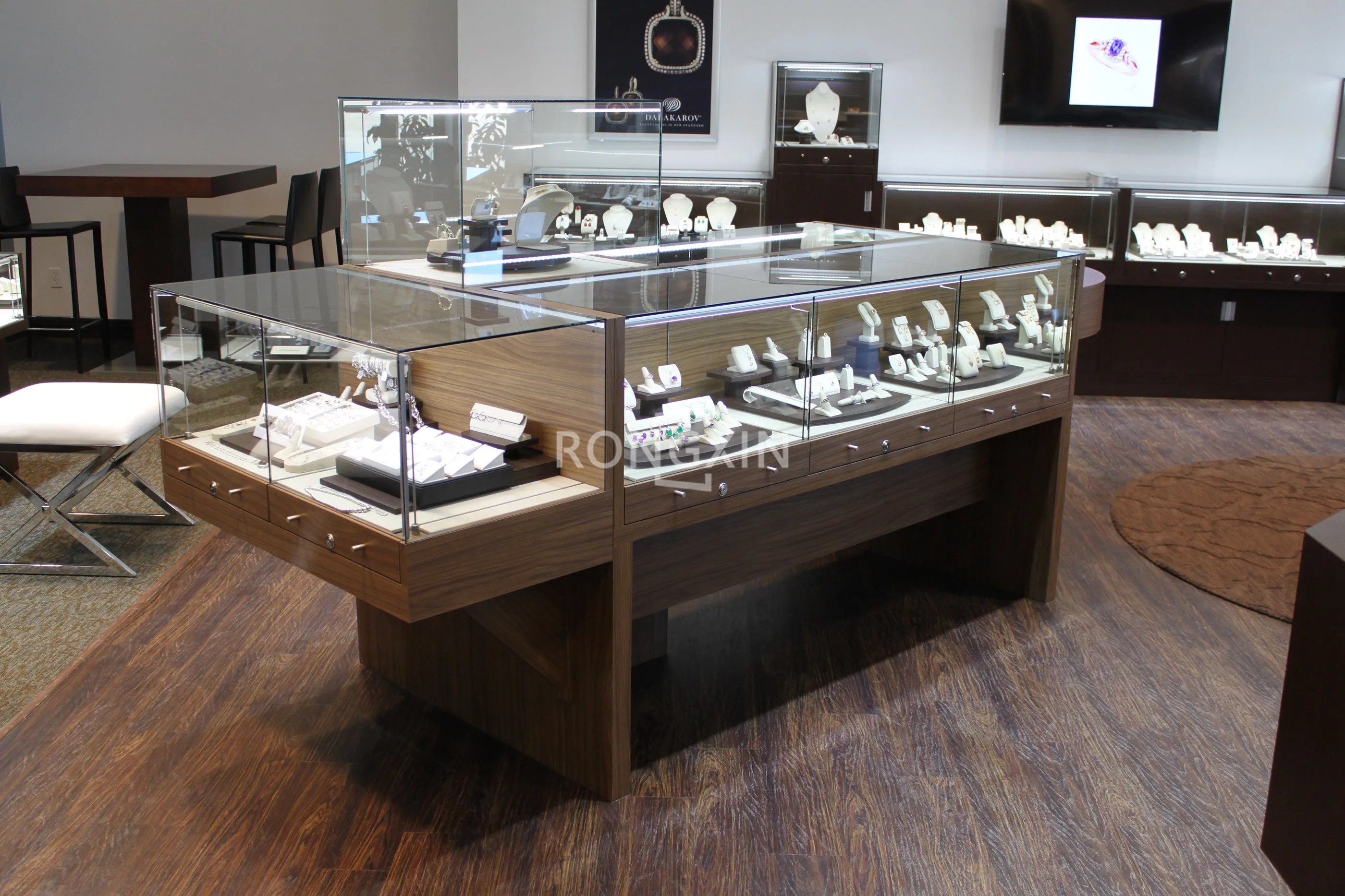 Popular Modern Designed Jewelry Shop Customized Fashion Wooden Display Cabinet With Glass Top Cover Showcase