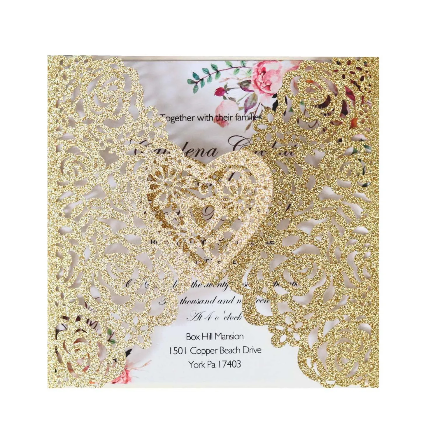 

Glitter Square Heart Rose Wedding Invitations Business Birthday Party Invited Cards,50Pcs