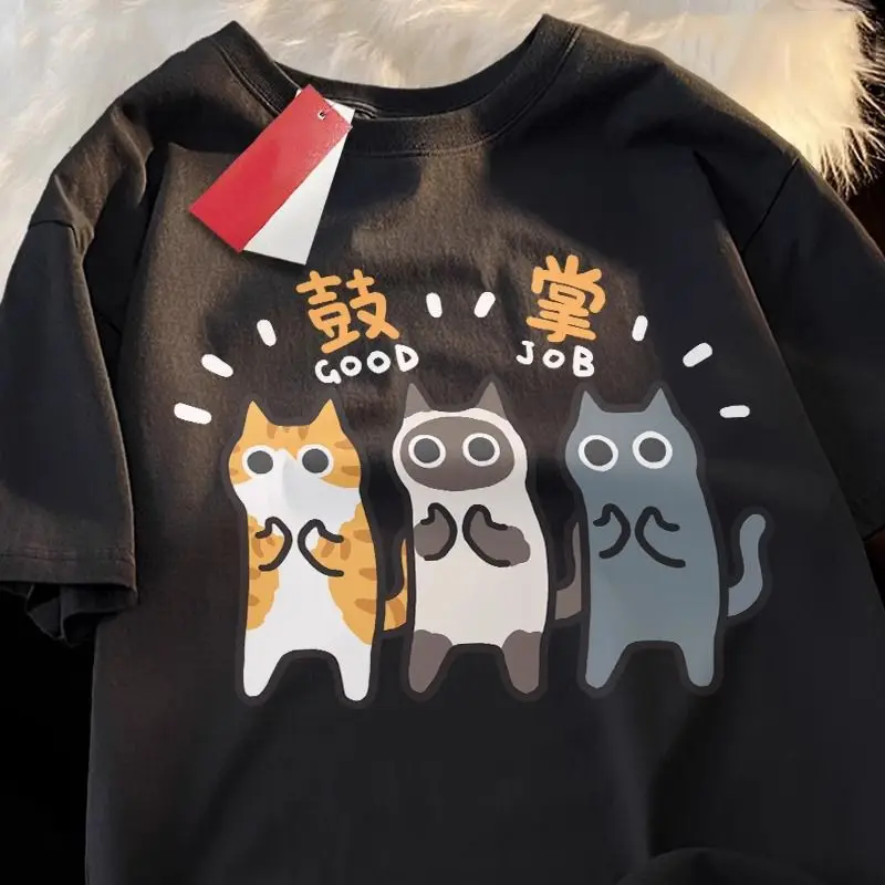 

Applause Orange Cat Siamese Blue Cat Short Sleeved T-shirt for Men and Women Summer New Breathable Casual Loose Cotton Top Ins