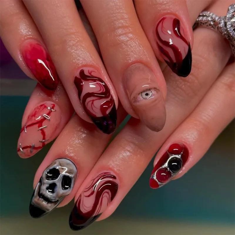 24 pièces Ins marron dégradé français presse sur ongles Halloween Punk crâne morts-vivants brillant amande faux ongles à la mode faux ongles conseils