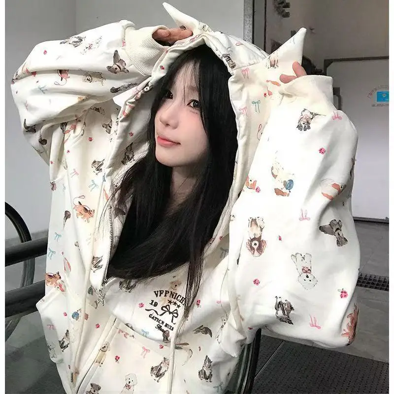 Chaquetas con capucha y cremallera Harajuku, sudaderas de gran tamaño, abrigos coreanos Y2K, lindo cachorro, perro, estampado completo, Tops de dibujos animados, dulce estilo Preppy