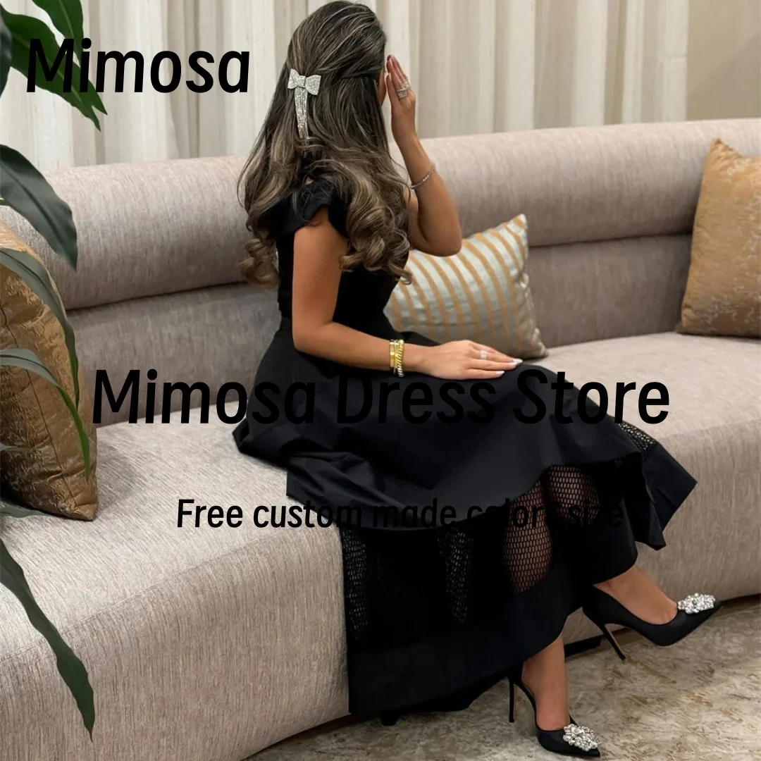 Mimosa Black Prom Dresses Off Shoulder Cocktail Party Evening Dress Sexy Fishing Net Decoration Formal Occasion Gowns Customized