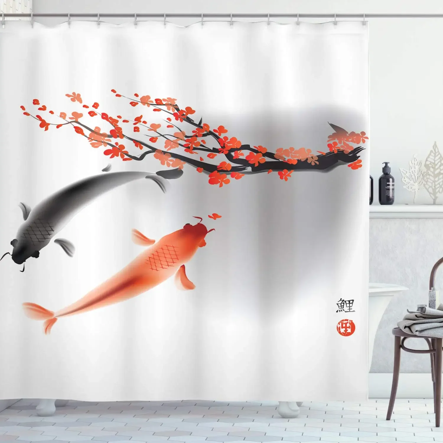 Goldfish Lotus Flowers Shower Curtain Koi Fish Leaf 3D Printed Waterproof Fabric Shower Curtain Sets Bathroom Decor with Hooks