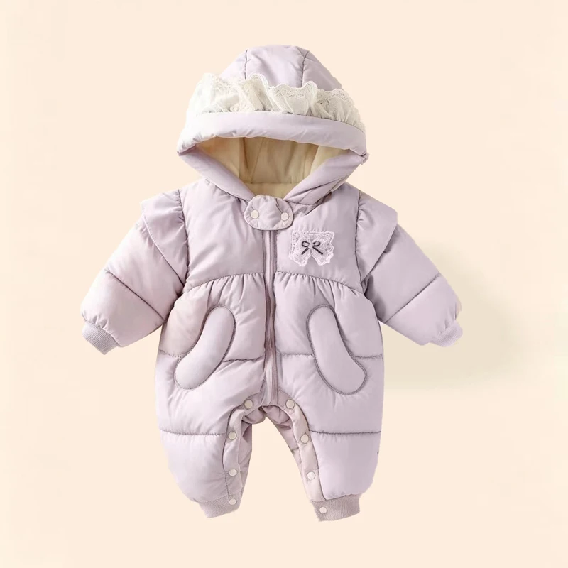 2026 Winter New Baby Girls Bodysuit Solid Color Lining Plush Thick Warm Hooded Zipper Jumpsuits For Infant Kids Out Romper  125